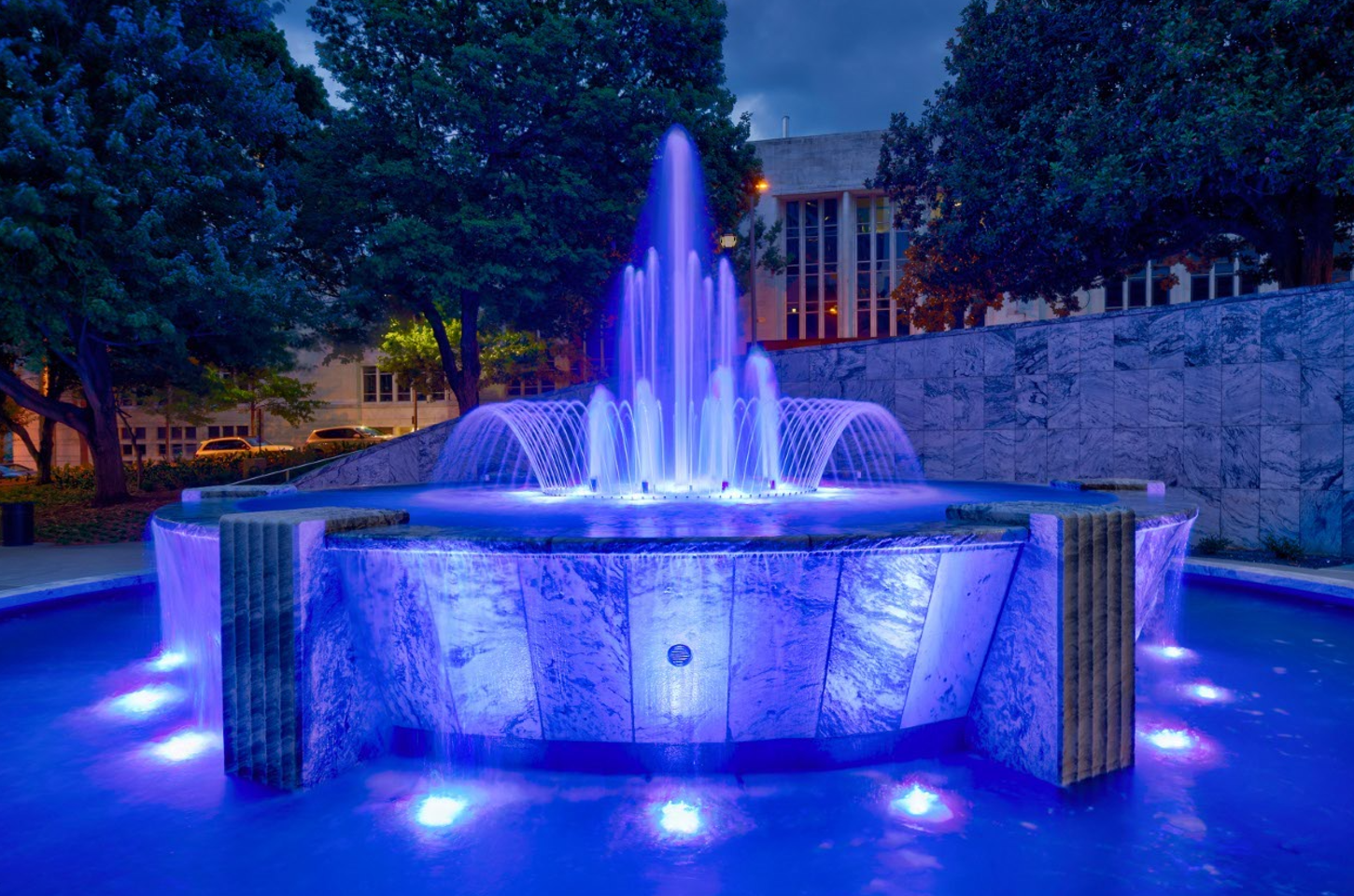 Nighttime view of the GSU Hurt park fountain
