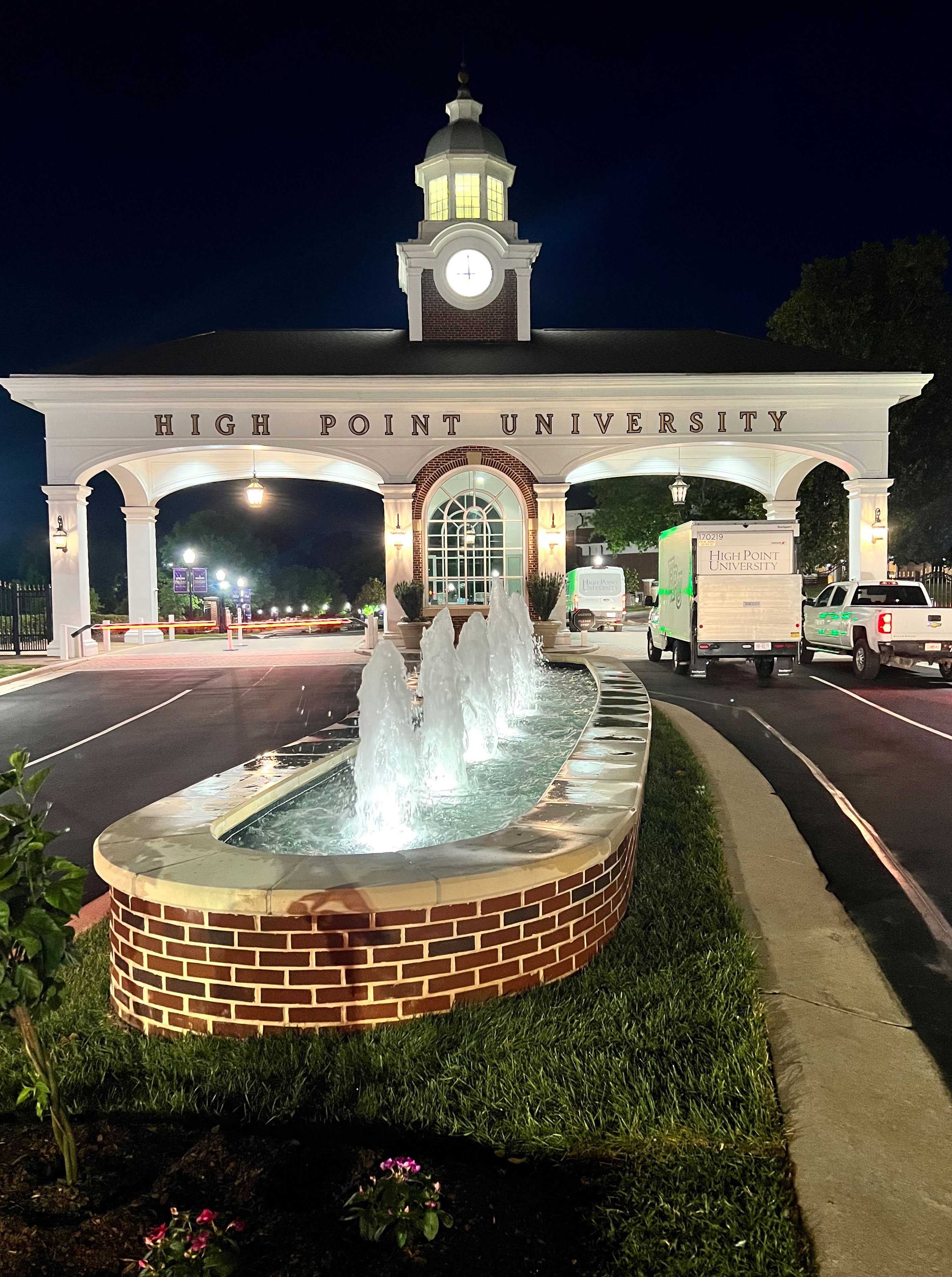 HPU Welcome Center Fountain at night