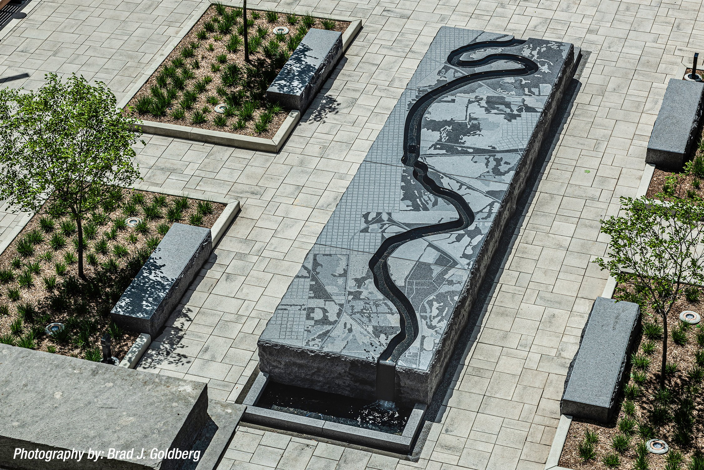 View from above the carved granite fountain sculpture