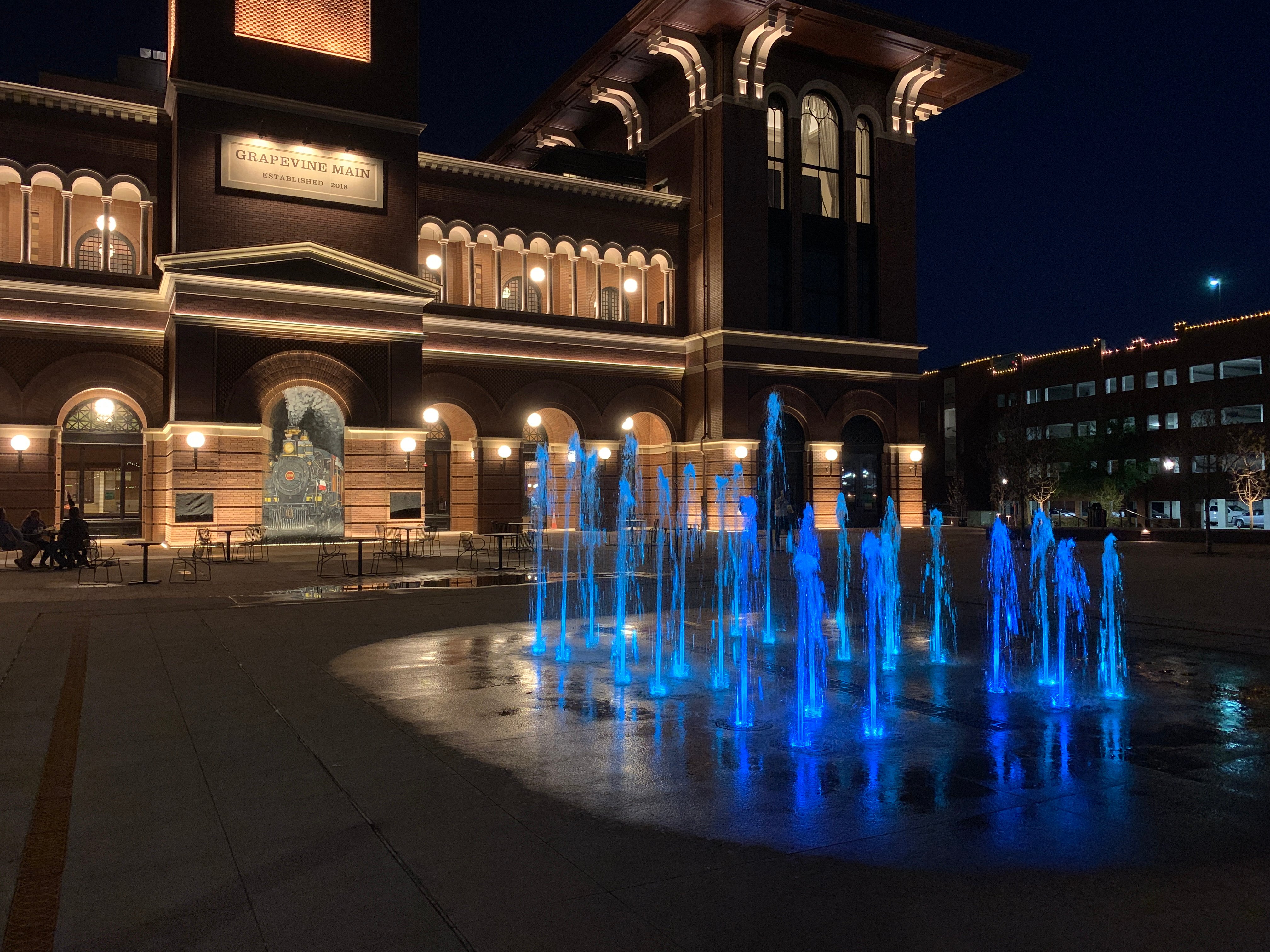 Grapevine Station Interactive Fountain at night