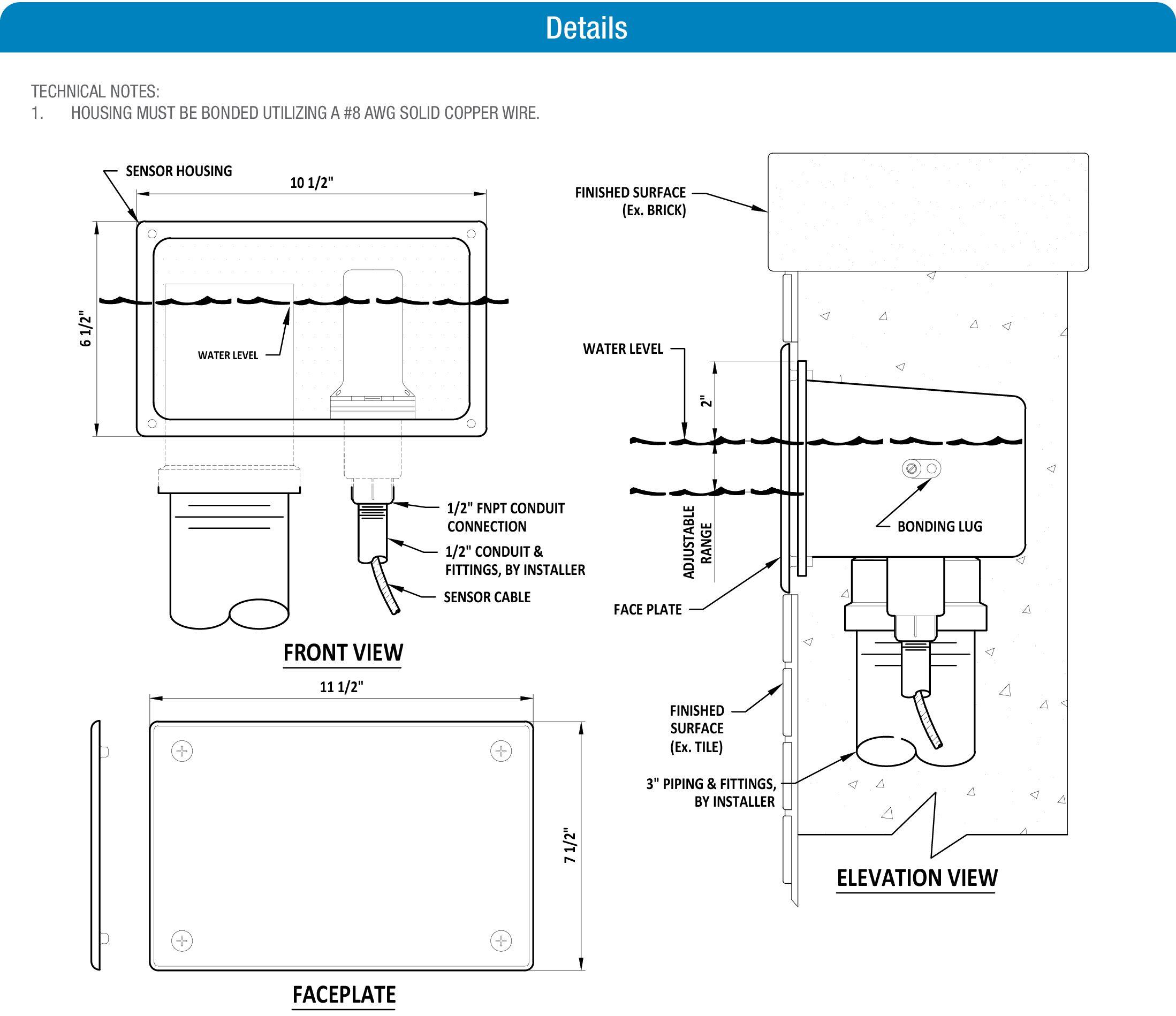 Wall Mounted Overflow and Sensor product data chart