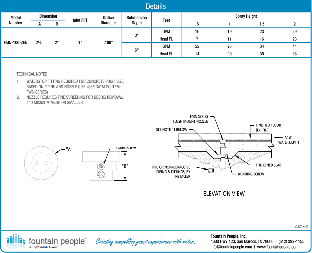 Flush Mount Zero Entry Fountain Nozzle product data chart