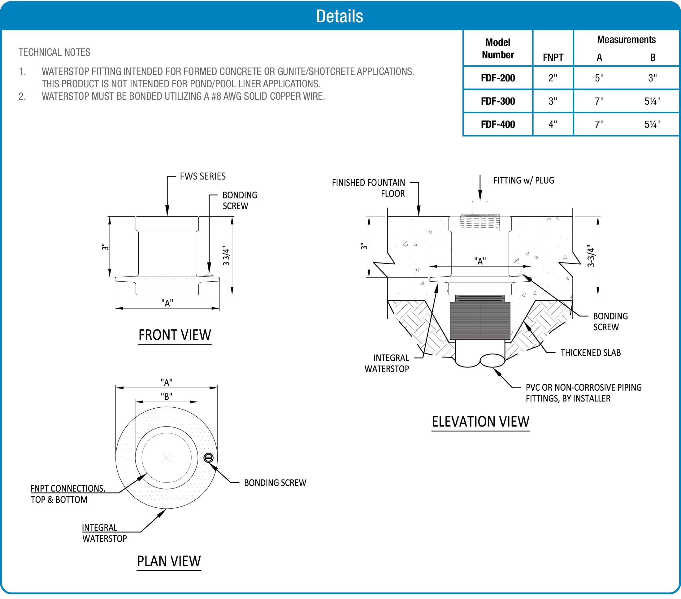 FDF Series Floor Drain Fitting with Plug product data chart