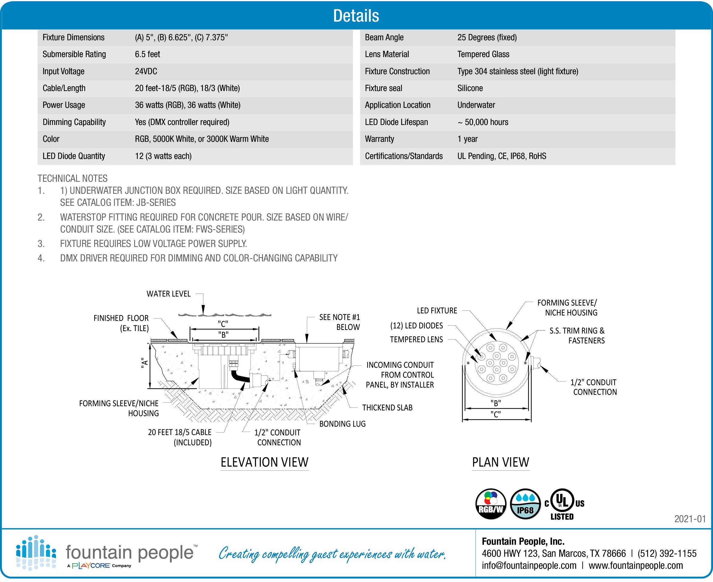 FX Series Flush Mount RGBW/White Fountain Light product data chart