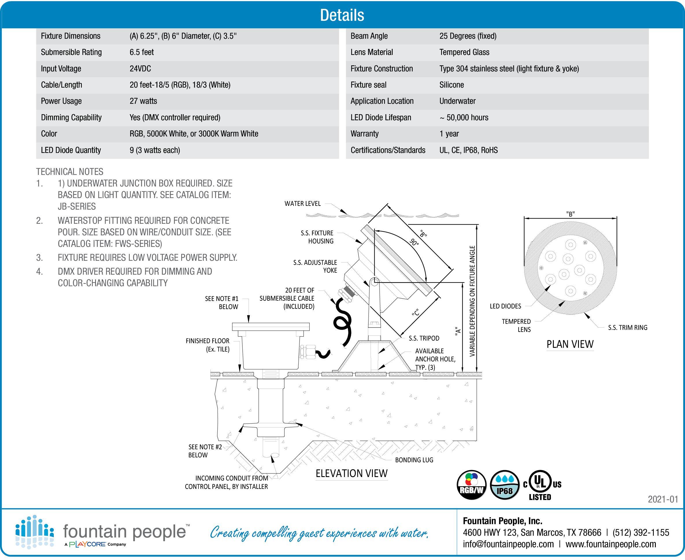 FX Series Freestanding RGB/White Fountain Light product data chart