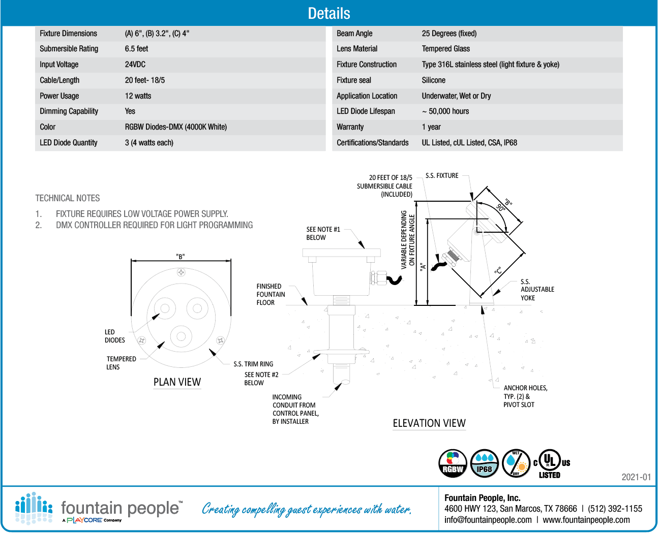 FX-PRO Series RGBW12 Spot LED fountain light product data chart