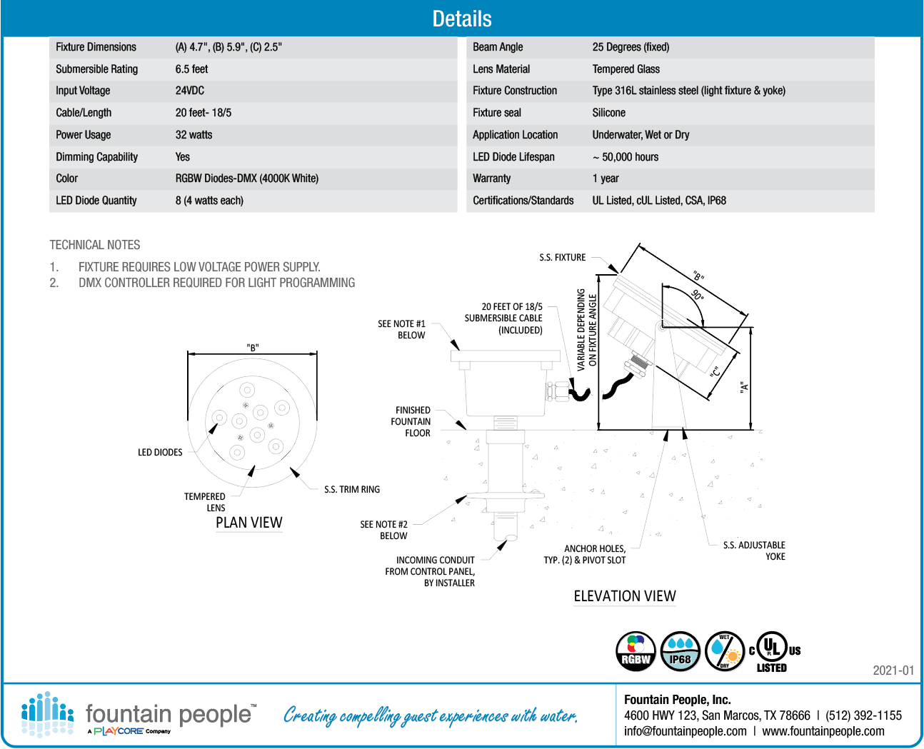 FX-PRO Series RGBW32 Spot LED Fountain Light product data chart